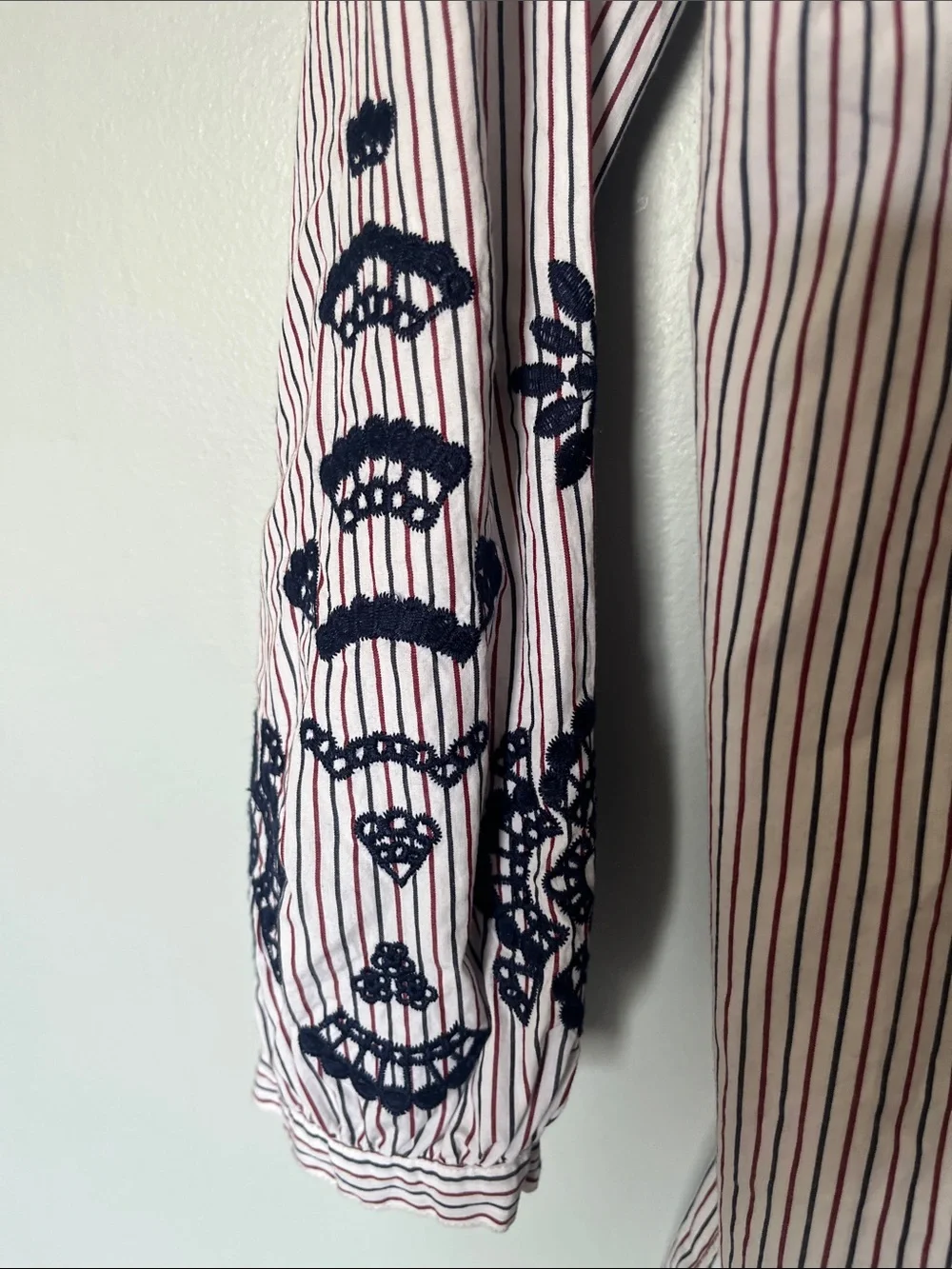 J. Crew Pink and White Striped Tie-Waist Blouse with Navy Embroidery